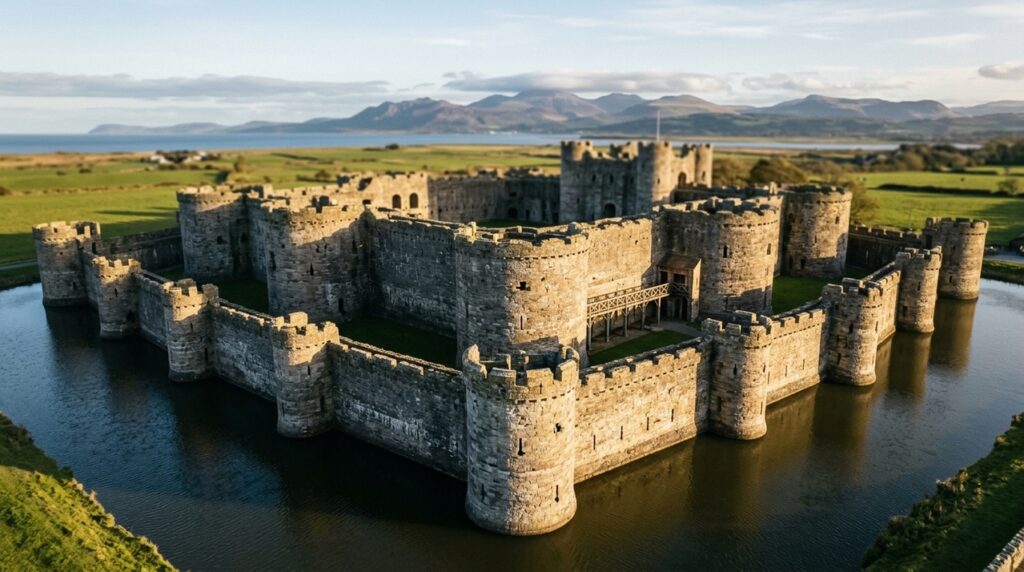 com-mais-de-7-seculos-de-historia,-o-castelo-de-beaumaris-usa-muralhas-concentricas-para-multiplicar-a-defesa-sem-depender-apenas-da-altura