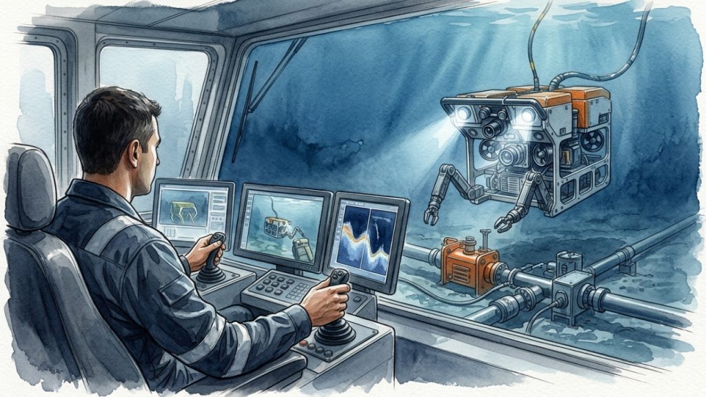 operador-de-rov-controla-robos-submarinos-para-inspecionar-estruturas-em-aguas-profundas