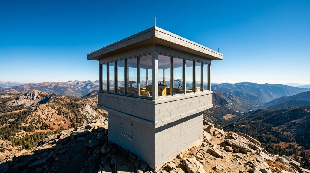 no-alto-da-sierra-nevada,-o-bald-mountain-fire-lookout-acompanha-incendios-a-dezenas-de-quilometros