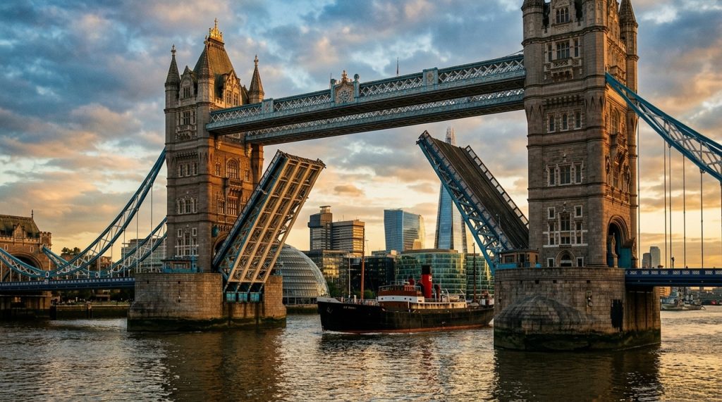 construida-sobre-o-tamisa-sem-bloquear-a-navegacao,-a-tower-bridge-ergue-duas-enormes-plataformas-para-a-passagem-de-grandes-navios
