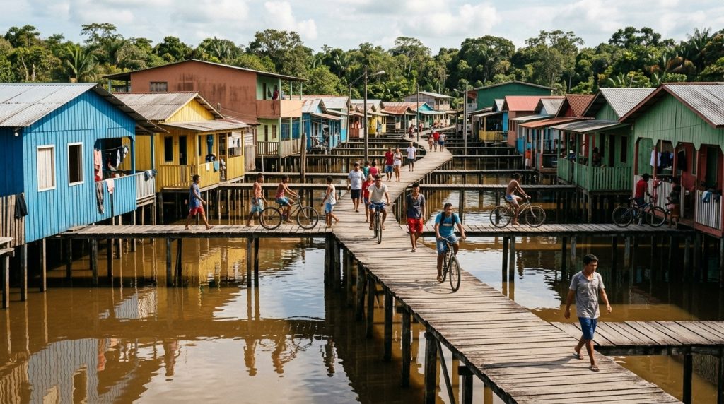 erguida-sobre-palafitas,-uma-cidade-amazonica-mantem-casas-e-ruas-acima-das-aguas-durante-as-cheias