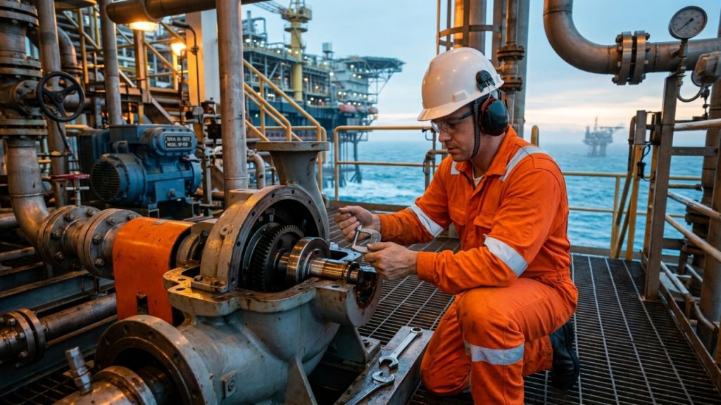 mecanico-offshore-mantem-bombas,-valvulas-e-compressores-funcionando-onde-uma-falha-pode-parar-toda-a-plataforma