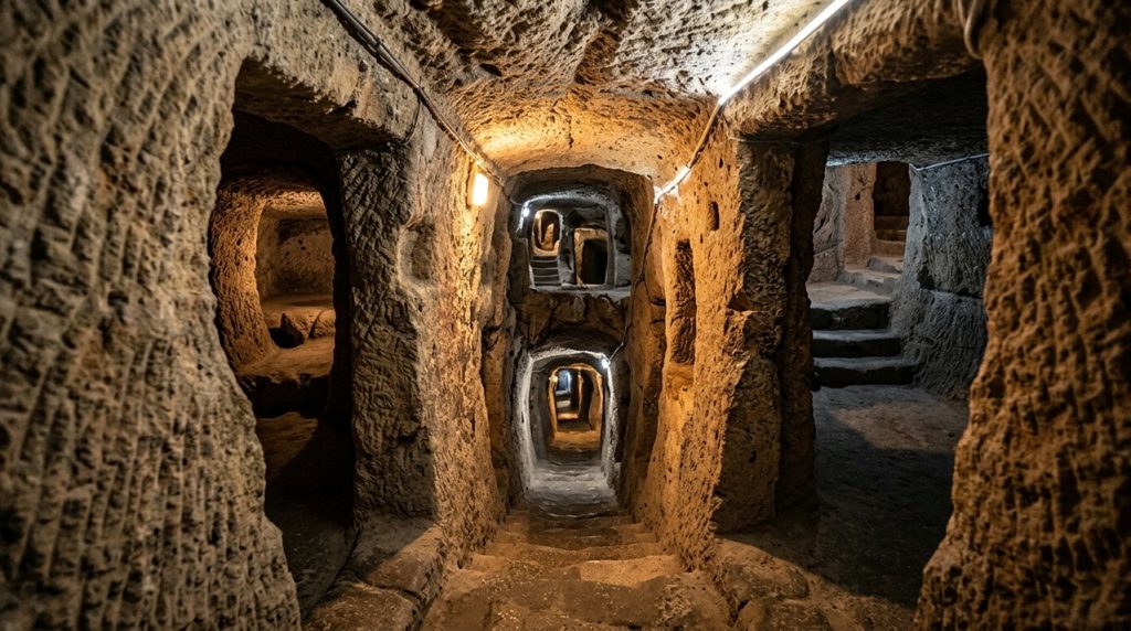 escavada-em-pedra-vulcanica,-a-cidade-subterranea-de-derinkuyu-abrigava-milhares-de-pessoas-em-varios-andares-sob-a-capadocia