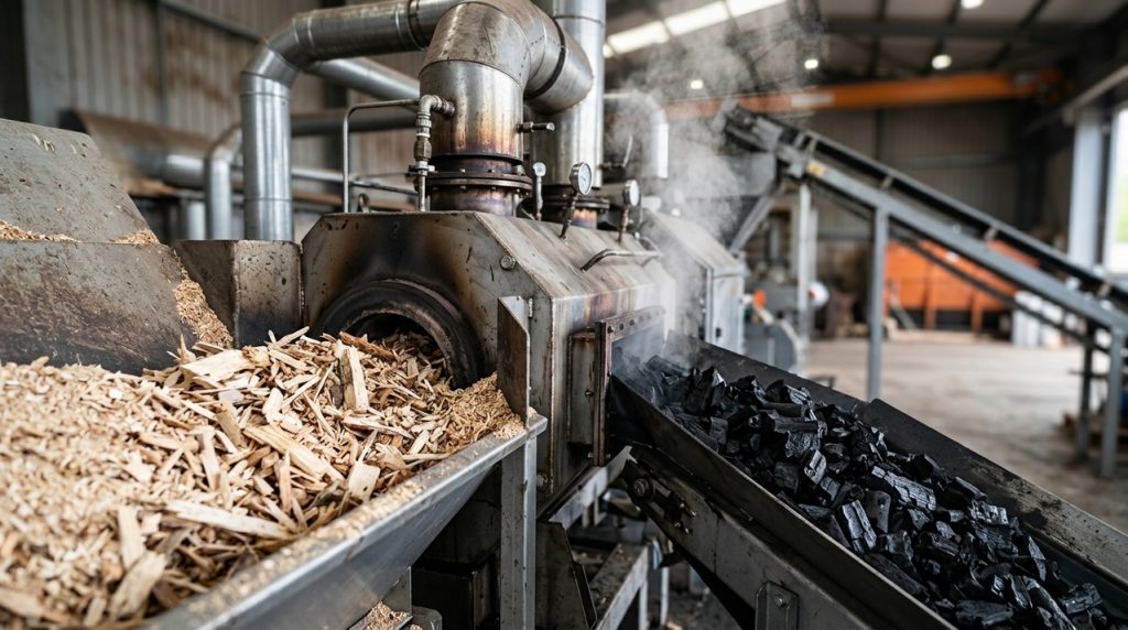 um-sistema-transforma-residuos-da-industria-madeireira-em-biochar,-um-carvao-vegetal-de-alta-tecnologia-capaz-de-armazenar-carbono-por-decadas